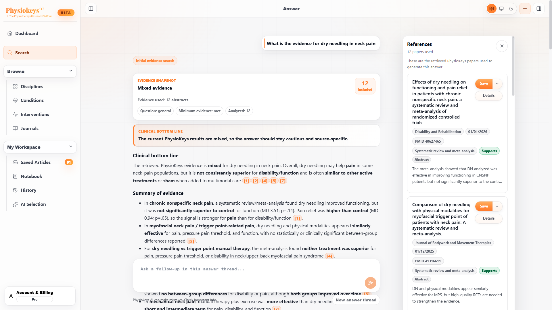 PhysioKeys Answer mode showing an evidence answer with references